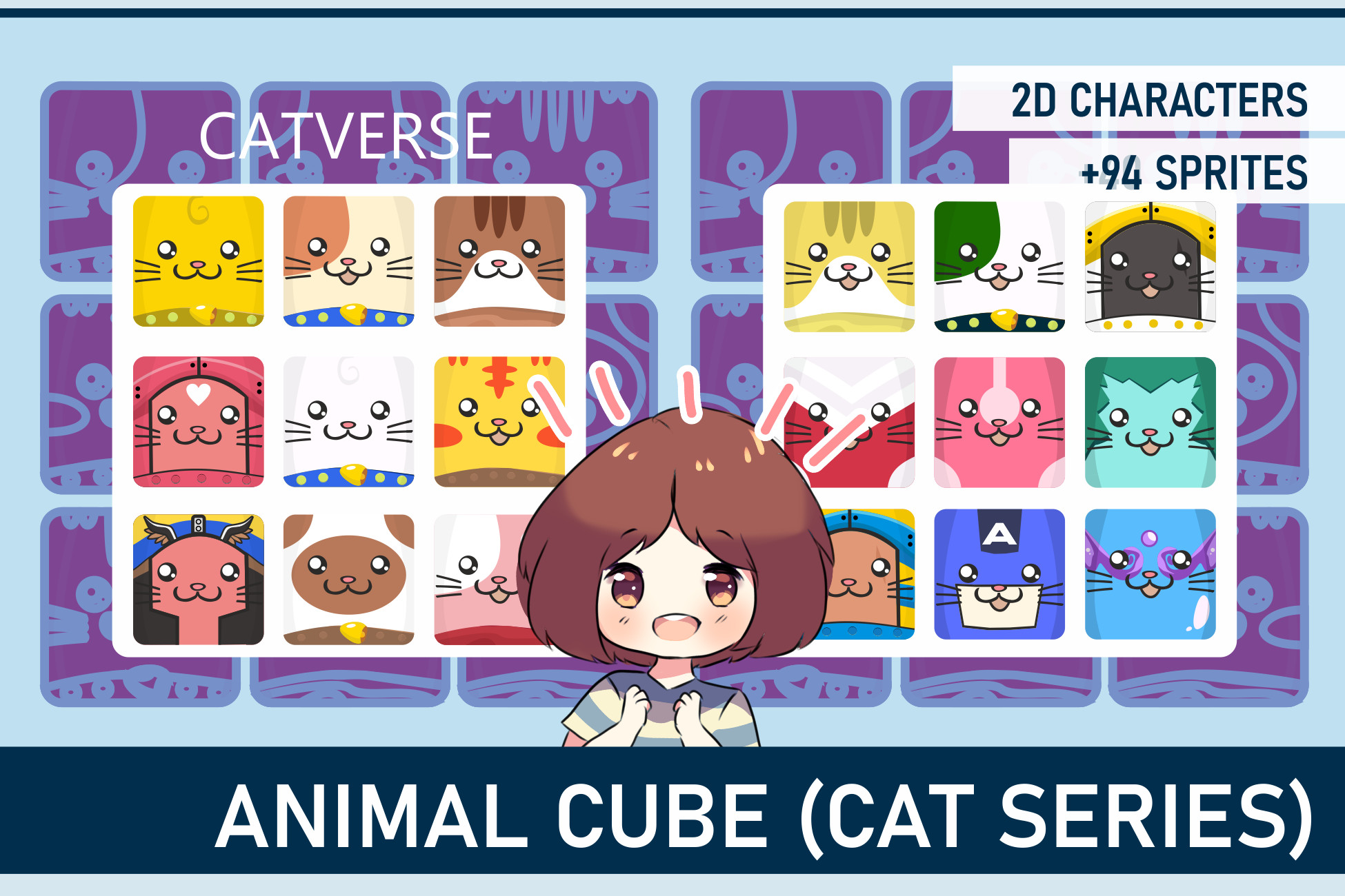 2D Character Animal Cube Pack, Free Asset, Multiplatform Ready , Cat , Game Asset